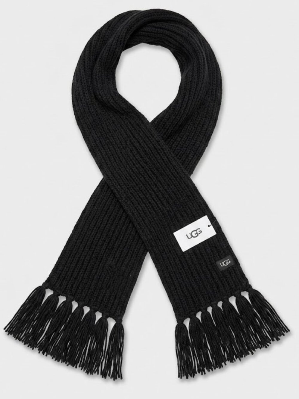 UGG ribbed fringe scarf logo patch black NWT